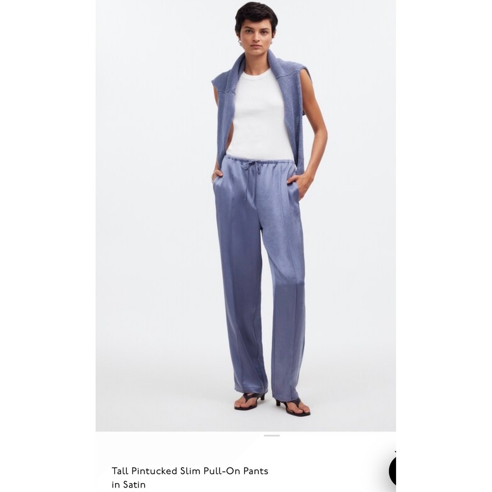 Madewell Tall Pintucked Slim Pull-On Pants Satin Blue L SKU 3114